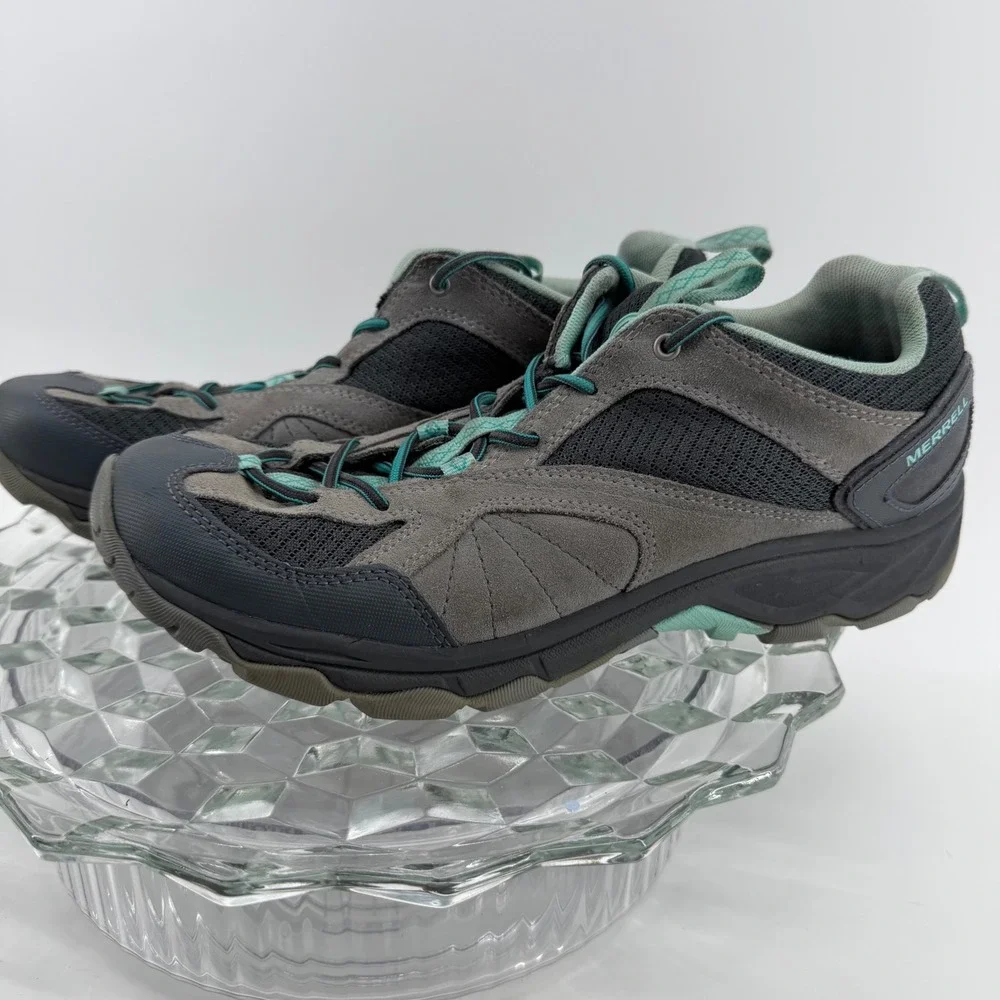 Merrell Turbulence Womens Hiking Shoes Grey Teal Suede Mesh Trail Sneakers 10